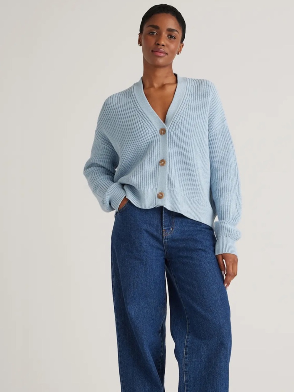 Quince Organic Cotton Fisherman Cardigan Oversized Sweater Sky Blue Size XS - Picture 5 of 9